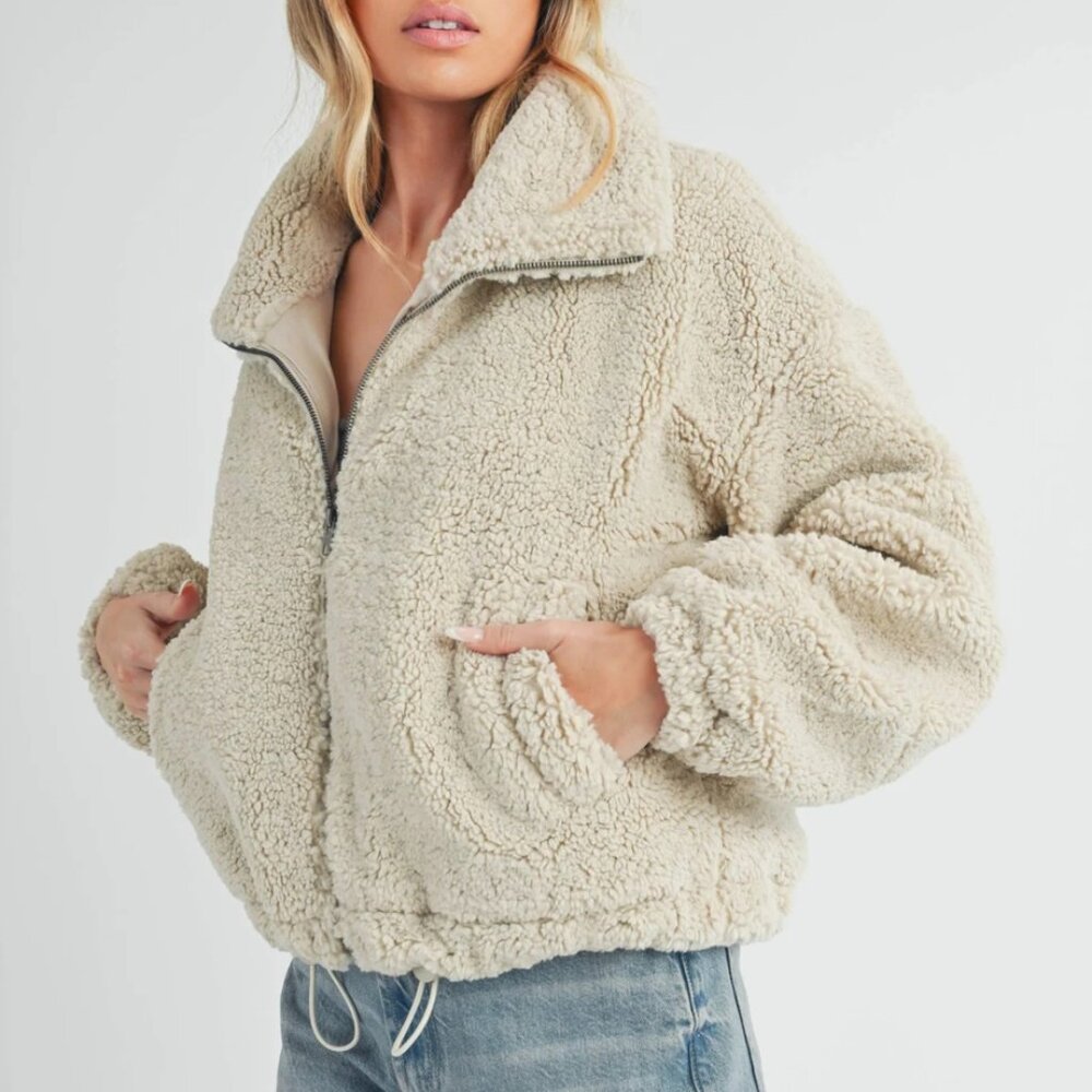 Oversized Sherpa Zip Jacket Teddy Fleece Cropped Coat - Picture 2 of 4